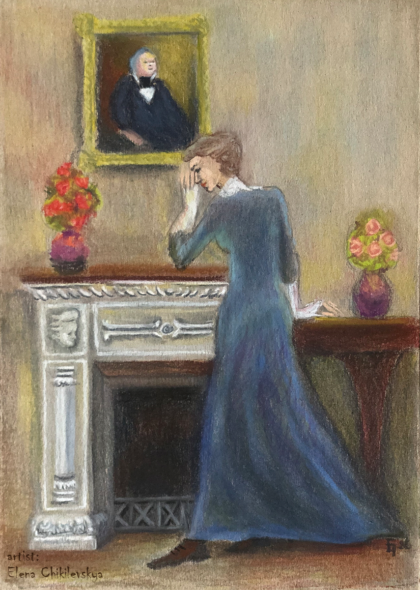 Концептуальная иллюстрация: Миссис Спарсит прощается с портретом Ч. Диккенс Тяжелые времена